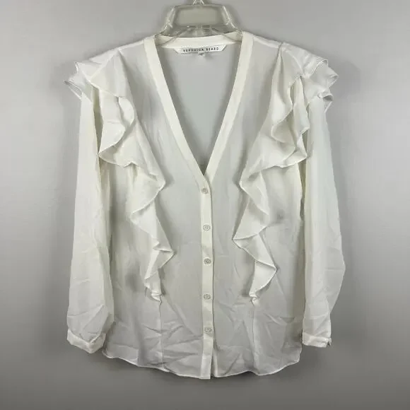 Veronica Beard Ivory Ruffle Shoulder Blouse Size 8 - Picture 4 of 7